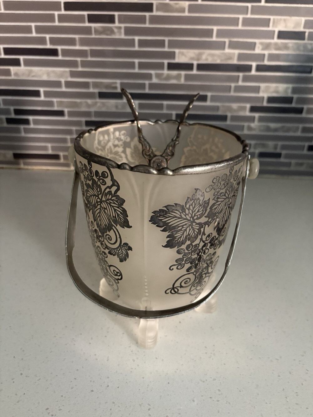 Vtg Ice Bucket Silver Overlay Resist Footed Grape Elegant Glass Ice Thongs